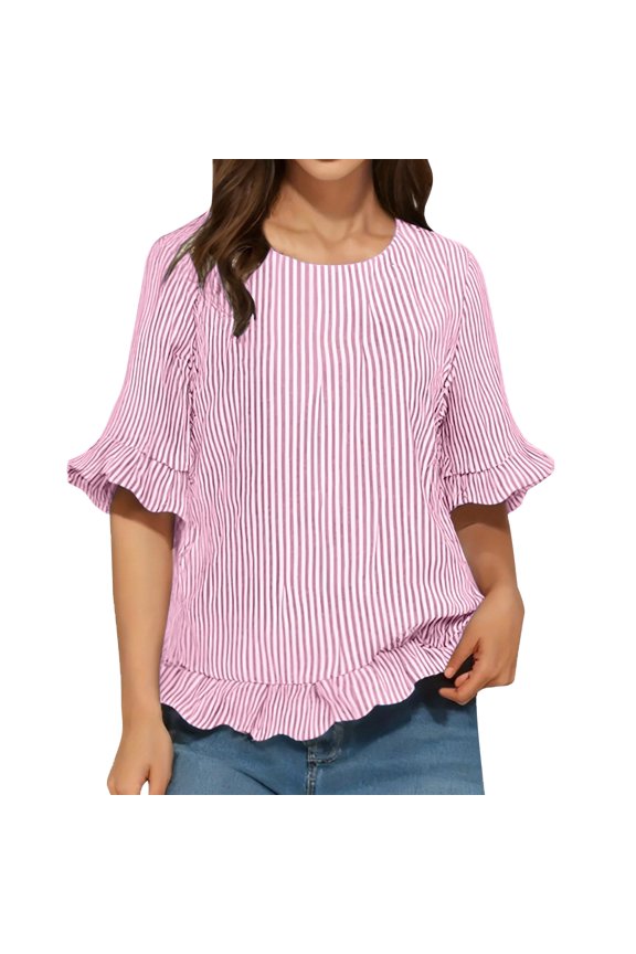 Women's Striped Blouse 3/4 Ruffle Sleeve Top Casual Shirt Loose Fit Round Neck Blouse Business Casual Tops Plain Shirts Plus Size Plain Shirts Fashion Tops Red S