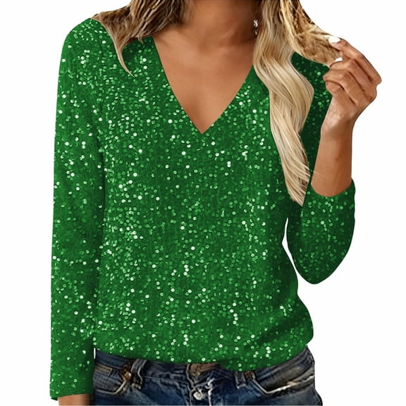 WTXUE Women's Trendy Casual V Neck Real Sequin Tops Long Sleeve T Shirt Fashion Plus Size Tops Fall Shirts Glitter Pullover Sparkly Party Blouse Loose Tunic Tops Green M