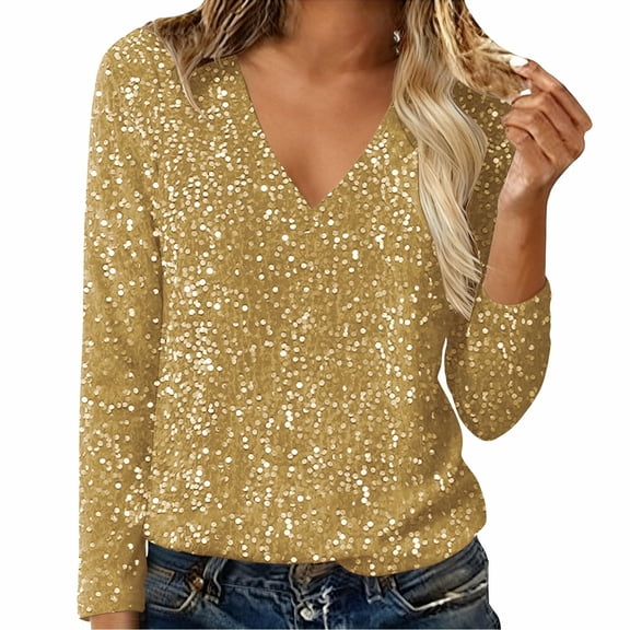 WTXUE Women's Trendy Casual V Neck Real Sequin Tops Long Sleeve T Shirt Fashion Plus Size Tops Fall Shirts Glitter Pullover Sparkly Party Blouse Loose Tunic Tops Yellow S