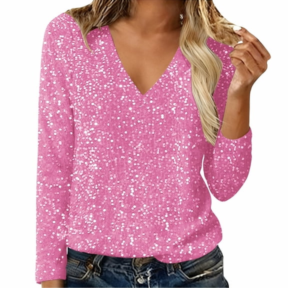 WTXUE Women's Trendy Casual V Neck Real Sequin Tops Long Sleeve T Shirt Fashion Plus Size Tops Fall Shirts Glitter Pullover Sparkly Party Blouse Loose Tunic Tops Pink Xl