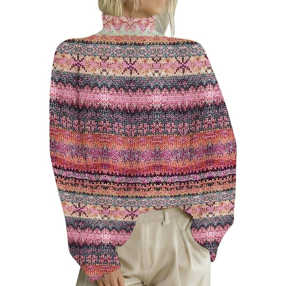 WTXUE Women's Turtleneck Fair Isle Sweater Retro Knitted Pullover Sweaters with Colorful Pattern Oversized Long Sleeve Tunic Top for Fall Winter Hot Pink L