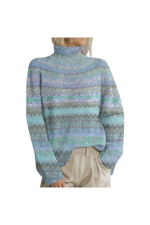 Women's Turtleneck Fair Isle Sweater Retro Knitted Pullover Sweaters with Colorful Pattern Oversized Long Sleeve Tunic Top for Fall Winter Light Blue Xl