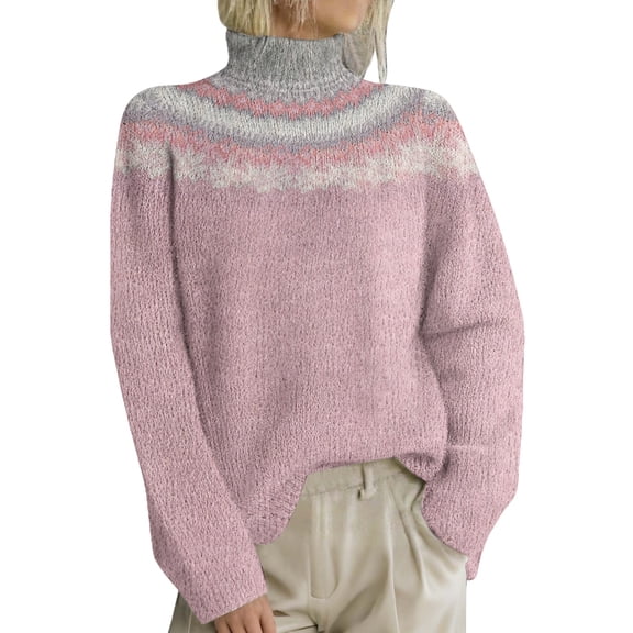 WTXUE Women's Turtleneck Fair Isle Sweater Retro Knitted Pullover Sweaters with Colorful Pattern Oversized Long Sleeve Tunic Top for Fall Winter Pink L