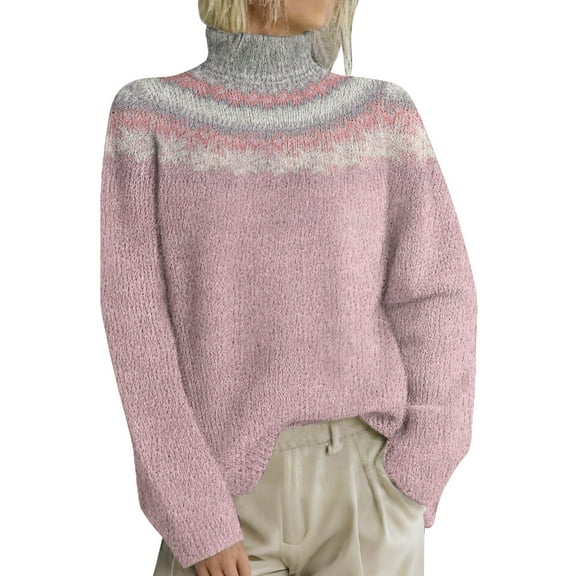 WTXUE Women's Turtleneck Fair Isle Sweater Retro Knitted Pullover Sweaters with Colorful Pattern Oversized Long Sleeve Tunic Top for Fall Winter Pink M