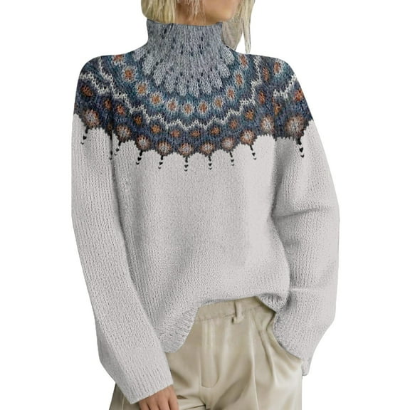 WTXUE Women's Turtleneck Fair Isle Sweater Retro Knitted Pullover Sweaters with Colorful Pattern Oversized Long Sleeve Tunic Top for Fall Winter White M