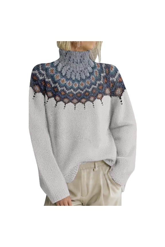 Women's Turtleneck Fair Isle Sweater Retro Knitted Pullover Sweaters with Colorful Pattern Oversized Long Sleeve Tunic Top for Fall Winter White M