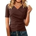 thumbnail image 1 of WTXUE Women's V Neck Tops Slim Fitted T-Shirt Front Wrap Ruched Short Sleeve Tee Shirts Trendy Tight Tank Tops Business Casual Work Blouses Going Out Tops Summer Tops Brown L, 1 of 7