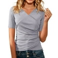 thumbnail image 1 of WTXUE Women's V Neck Tops Slim Fitted T-Shirt Front Wrap Ruched Short Sleeve Tee Shirts Trendy Tight Tank Tops Business Casual Work Blouses Going Out Tops Summer Tops Grey M, 1 of 7