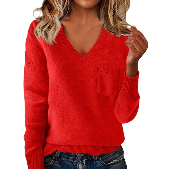 WTXUE Women's V-Neck Tunic Sweater with Pockets Soft Knitted Pullover Long Sleeve Lightweight Knit Pullover Tops Business Casual Sweaters Fall Outfits Red Xl
