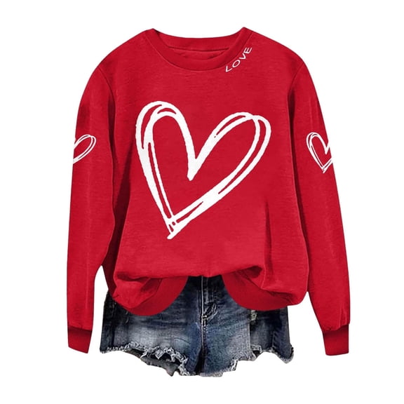 WTXUE Women's Valentine Sweatshirts Love Heart Printed Pullover Sweatshirt Cute Valentine Shirt Long Sleeve Round Neck Pullover Top Oversized Blouses Loose Tee Shirts Red L