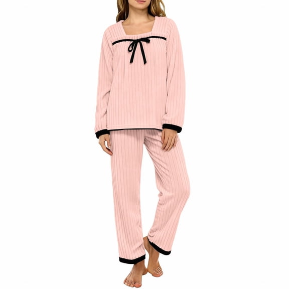 WTXUE Women's Winter Flannel Cute Pajama Set Coral Fleece Square Neckline Pullover and Loose Pants Thickened Soft Warm Loungewear Sleepwear Nightwear Pink L