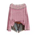 thumbnail image 1 of WTXUE Womens Casual Lightweight Vintage Fair Isle Sweater Raglan Sleeve Crew Neck Knitted Art Print Pullover Sweaters Comfy Warm Fall Tops Bohemian Trendy Western Business Casual Blouses Pink S, 1 of 3