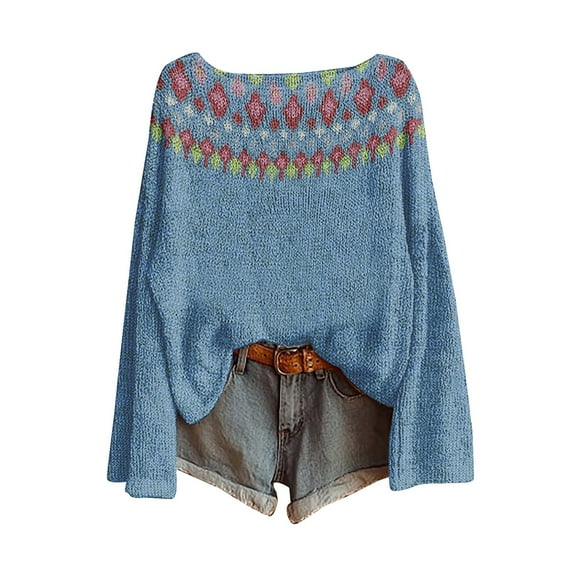 WTXUE Womens Casual Lightweight Vintage Fair Isle Sweater Raglan Sleeve Crew Neck Knitted Art Print Pullover Sweaters Comfy Warm Fall Tops Bohemian Trendy Western Business Casual Blouses Blue M