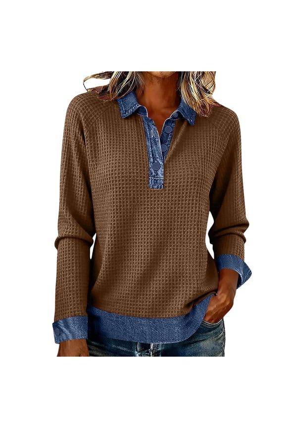 Womens Denim Patchwork Waffle Pullover Sweatshirts Lapel Button Collared Denim Shirt Tunic Tops Long Sleeve Oversized Sweatshirts Trendy Pullover Tops Vintage Jean Casual Blouses Coffee M