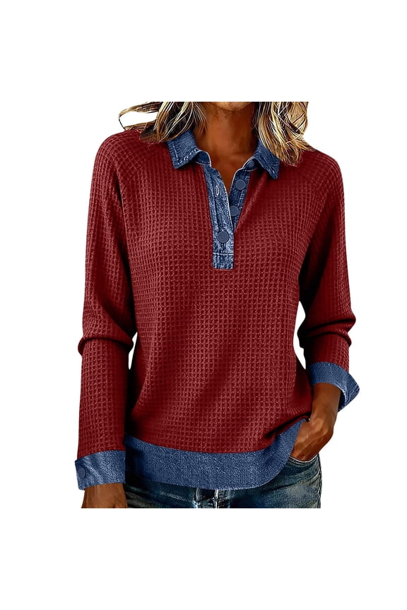 Womens Denim Patchwork Waffle Pullover Sweatshirts Lapel Button Collared Denim Shirt Tunic Tops Long Sleeve Oversized Sweatshirts Trendy Pullover Tops Vintage Jean Casual Blouses Wine Xl