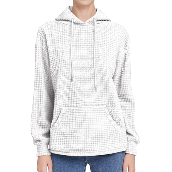 WTXUE Womens Hoodies Oversized Casual Fashion Long Sleeve Drawstring Waffle Pullover Tops Loose Hooded Sweatshirt Lightweight Sweatshirts with Pocket White L
