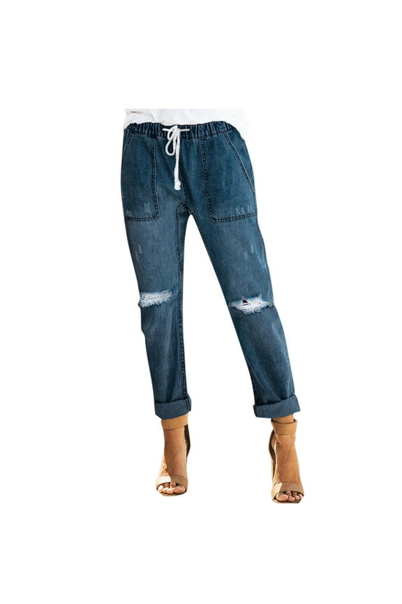 Womens Jeans, Ripped Jeans Women Pull-On Distressed Denim Joggers Elastic Waist Stretch Pants, Slacks, Blue