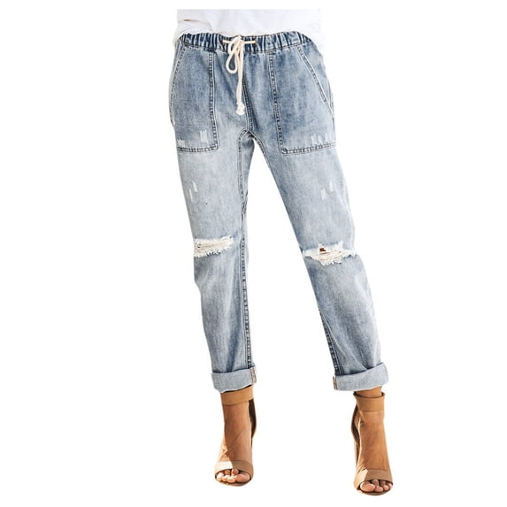 WTXUE Womens Jeans, Ripped Jeans Women Pull-On Distressed Denim Joggers Elastic Waist Stretch Pants, Slacks, Light Blue