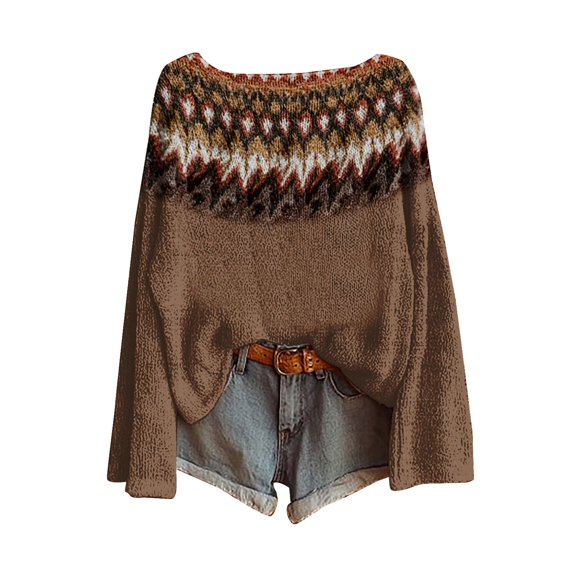 WTXUE Womens Lightweight Vintage Fair Isle Sweater Casual Crewneck Long Sleeve Knitted Pullover Tops Art Print Vintage Fair Isle Retro Sweater Oversized Blouses Comfortable Soft Boho Tops Coffee L