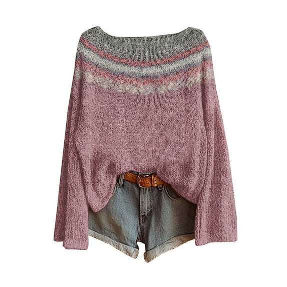 WTXUE Womens Lightweight Vintage Fair Isle Sweater Casual Crewneck Long Sleeve Knitted Pullover Tops Art Print Vintage Fair Isle Retro Sweater Oversized Blouses Comfortable Soft Boho Tops Pink L