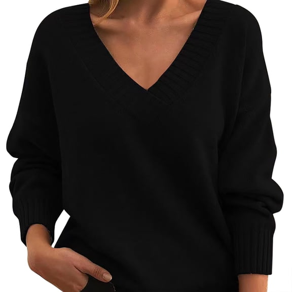 WTXUE Womens Oversized Knit Sweaters Lightweight Loose Casual V Neck Long Sleeve Pullover Tops Tunic Sweaters Basic Blouses Trendy Business Casual Shirts Black S
