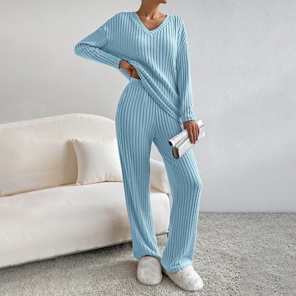 WTXUE Womens Pajama Sets Cotton Pajamas Set Fashion Casual Straight Leg Pants Loose V Neck Knit Set Womens Long Sleeve Pajama Sets Soft Pajama Set for Women Comfy Pajamas for Women Set Blue S