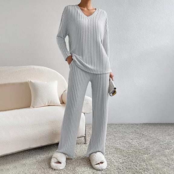 WTXUE Womens Pajama Sets Cotton Pajamas Set Fashion Casual Straight Leg Pants Loose V Neck Knit Set Womens Long Sleeve Pajama Sets Soft Pajama Set for Women Comfy Pajamas for Women Set Grey S