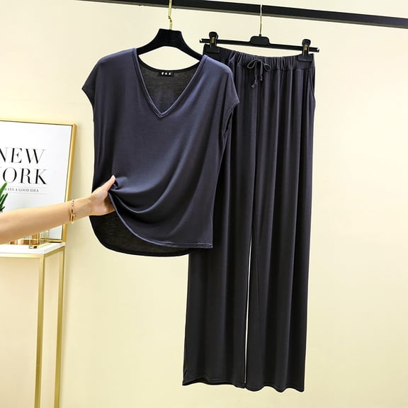 WTXUE Womens Pajama Sets Cotton Pajamas Set Pajama Set 2 Matching Set Short Sleeve Top And Pants Set With Pockets Summer Sets for Women Soft Pajama Set for Women Womens Sleepwear Dark Grey XL