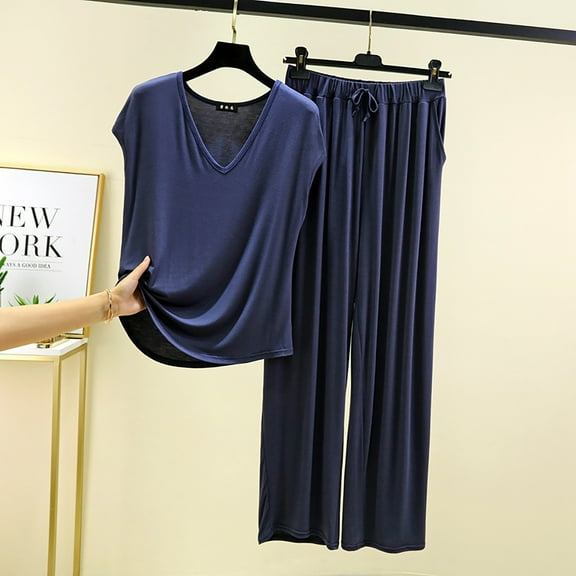 WTXUE Womens Pajama Sets Cotton Pajamas for Women Set Pajama Set 2 Matching Set Short Sleeve Top And Pants Set With Pockets Summer Sets for Women Soft Pajama Set for Women Womens Sleepwear Navy M