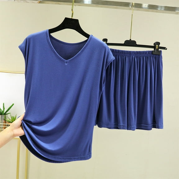 WTXUE Womens Pajama Sets Short Pajama Set Loungewear Set Jogging Suit Set Two Leisure Sports Tank Top And Shorts Trouser Suit Short Sporty Sweatsuit Outfits Summer Sets Soft Pajama Set Dark blue XL