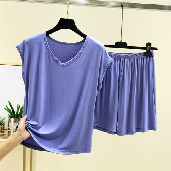 WTXUE Womens Pajama Sets Short Pajama Set Loungewear Set Jogging Suit Set Two Leisure Sports Tank Top And Shorts Trouser Suit Short Sporty Sweatsuit Outfits Summer Sets Soft Pajama Set Blue XL