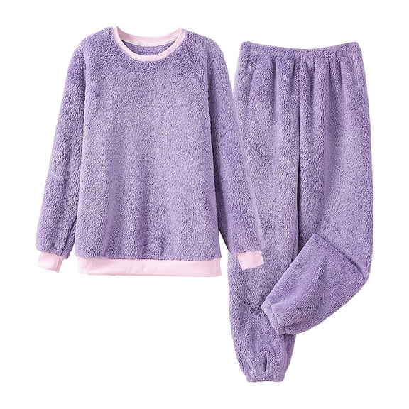 WTXUE Womens Pajama Sets Soft Comfy Sleepwear Sets Fleece Loungwear Sets Crewneck Pullover Tops and Wide Leg Pants Winter Matching Pajama Set Home Sets Purple M