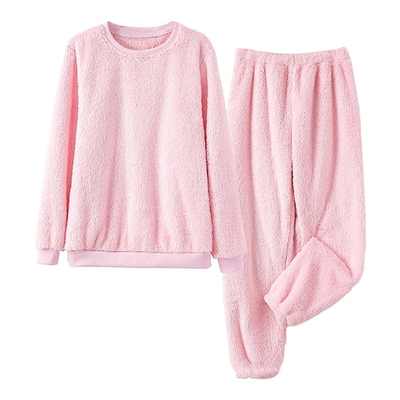 WTXUE Womens Pajama Sets Soft Comfy Sleepwear Sets Fleece Loungwear Sets Crewneck Pullover Tops and Wide Leg Pants Winter Matching Pajama Set Home Sets Pink L
