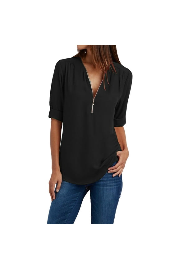 Womens Polo Shirts Short Sleeve Button Women Ladies Clothing Loose Shirt Chiffon Zipper Long Sleeves Plus Size Tops Half Zip Pullover Women, Black XX-Large