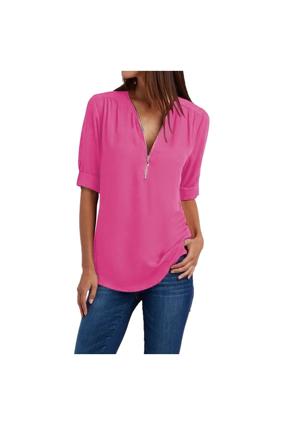 Womens Polo Shirts Short Sleeve Button Women Ladies Clothing Loose Shirt Chiffon Zipper Long Sleeves Plus Size Tops Half Zip Pullover Women, Hot Pink Medium