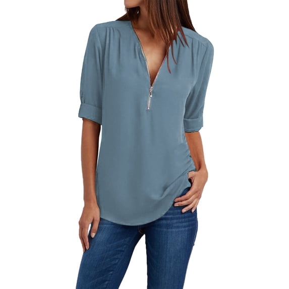 WTXUE Womens Polo Shirts Short Sleeve Button Women Ladies Clothing Loose Shirt Chiffon Zipper Long Sleeves Plus Size Tops Half Zip Pullover Women, Sky Blue X-Large