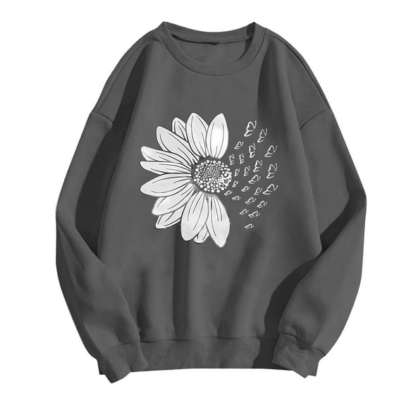 WTXUE Womens Pullover Sunflower Shirts, Long Sleeve Women's Back to School Opening Season Sunflower Print Hoodless Sweatshirt, Floral Sweatshirts & Hoodies | Dark Gray XL