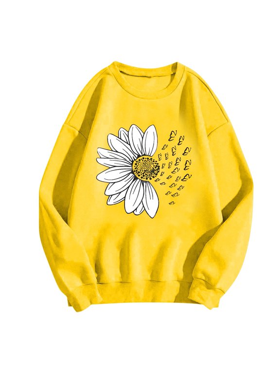 Womens Pullover Sunflower Shirts, Long Sleeve Women's Back to School Opening Season Sunflower Print Hoodless Sweatshirt, Floral Sweatshirts & Hoodies | Yellow 2XL