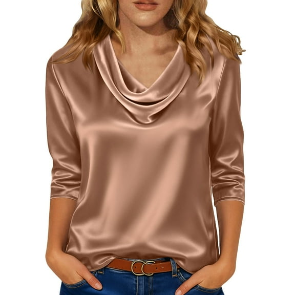 WTXUE Womens Satin Dressy Casual Blouse Silk Cowl Neck 3/4 Sleeve Tops Trendy Business Work Shirts Elegant Tops Basic Tees Classy Tops Plain Wrinkle Free Blouses Gold L