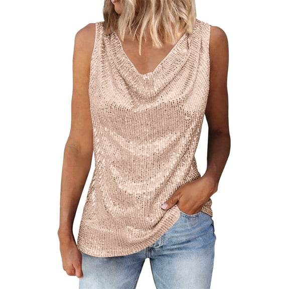 WTXUE Womens Sequin Sleeveless Cowl Neck Tank Tops Loose Fit Tunic Tops Sparkly Shimmer Party Dressy Club Shirts Tube Top Going Out Tops Dressy Casual Shirts for Evening Party Rose Gold M