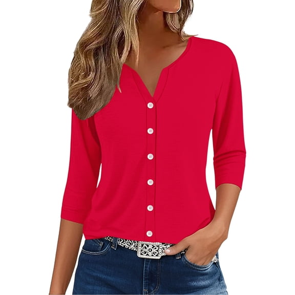WTXUE Womens Short Sleeve Blouses Button Down Shirts V Neck Blouses for Women Business Casual Tunic Tops Basic Tees Gauze Shirts Casual Shirts Casual Blouses Loose Shirts Red M