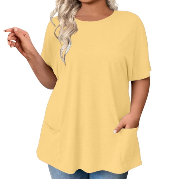 WTXUE Womens Short Sleeve Blouses Plus Size Tops Round Neck Casual Long Tshirts Shirts Workout Tops for Women Loose Fit Peasant Blouses Basic Tees Comfy Shirts Women Tee Shirts Vacation Tops Yellow L