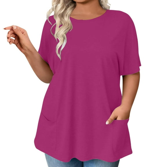 WTXUE Womens Short Sleeve Blouses Plus Size Tops Round Neck Casual Long Tshirts Shirts Workout Tops for Women Loose Fit Peasant Blouses Basic Tees Womens Tshirts Loose Tops Shirts Trendy Hot Pink Xxl
