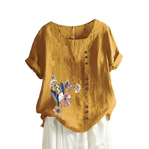 WTXUE Womens Short Sleeve Blouses Tops for Women Trendy Cotton Linen Crew Neck Embroidered Tops Flowy Tops Gauze Shirts Printed Floral Tops Basic Shirts Cute Tops Tshirts Shirts for Women Orange 3Xl