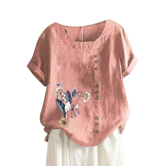 WTXUE Womens Short Sleeve Blouses Tops for Women Trendy Cotton Linen Crew Neck Embroidered Tops Flowy Tops Gauze Shirts Printed Floral Tops Shirts Breathable Workout Tops Womens Shirts Blouses Pink M