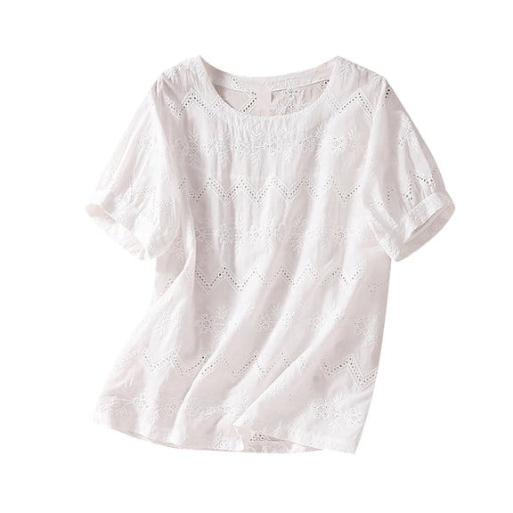 WTXUE Womens Short Sleeve Blouses Tunic Tops Cotton Linen Embroidered Shirt Round Neck Eyelet Top Crochet Top Trendy Casual Comfy Shirts Womens Summer Tops Casual Tops White L