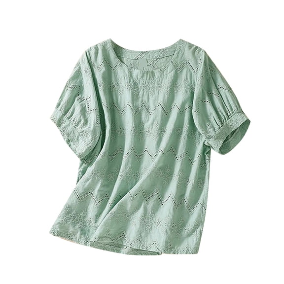 WTXUE Womens Short Sleeve Blouses Tunic Tops Cotton Linen Embroidered Shirt Round Neck Eyelet Top Crochet Top Trendy Casual Fitted T Shirts Basic Tees for Women Womens Summer Tops Green M