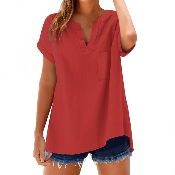 WTXUE Womens Short Sleeve Blouses Tunic Tops Cotton Tops V Neck Tshirt Shirt Loose Fit Blouses Business Casual Fitted Shirts Soft Tshirts Cute Summer Tops Cute Tops Red Xl
