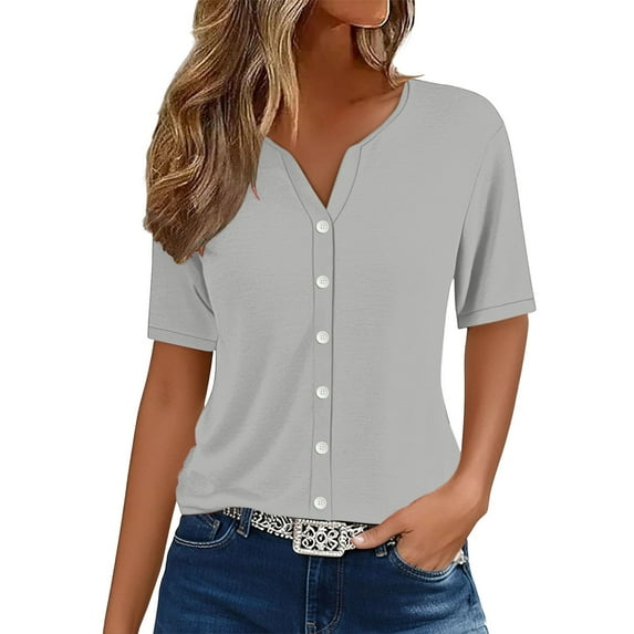 WTXUE Womens Short Sleeve Blouses Tunic Tops V Neck Button Down Shirts Plus Size Tops for Women Trendy Summer Basic Tees Blouses for Women Casual Shirts Tunic Tops Grey L