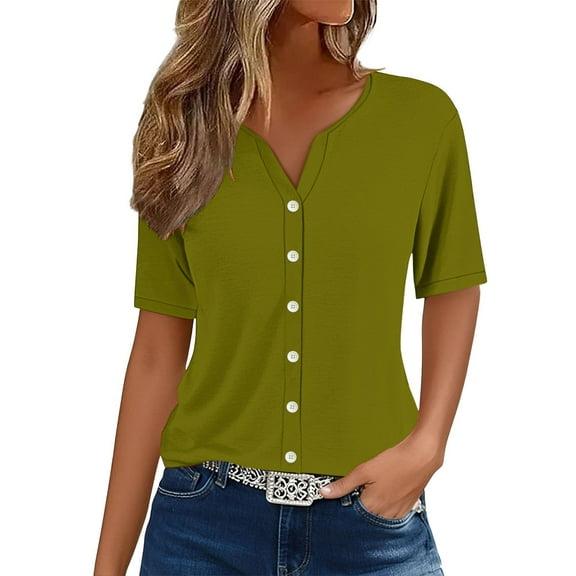 WTXUE Womens Short Sleeve Blouses Tunic Tops V Neck Button Down Shirts Plus Size Tops for Women Trendy Summer Basic Tees Blouses for Women Casual Tops for Women Cute Tops Bronze S